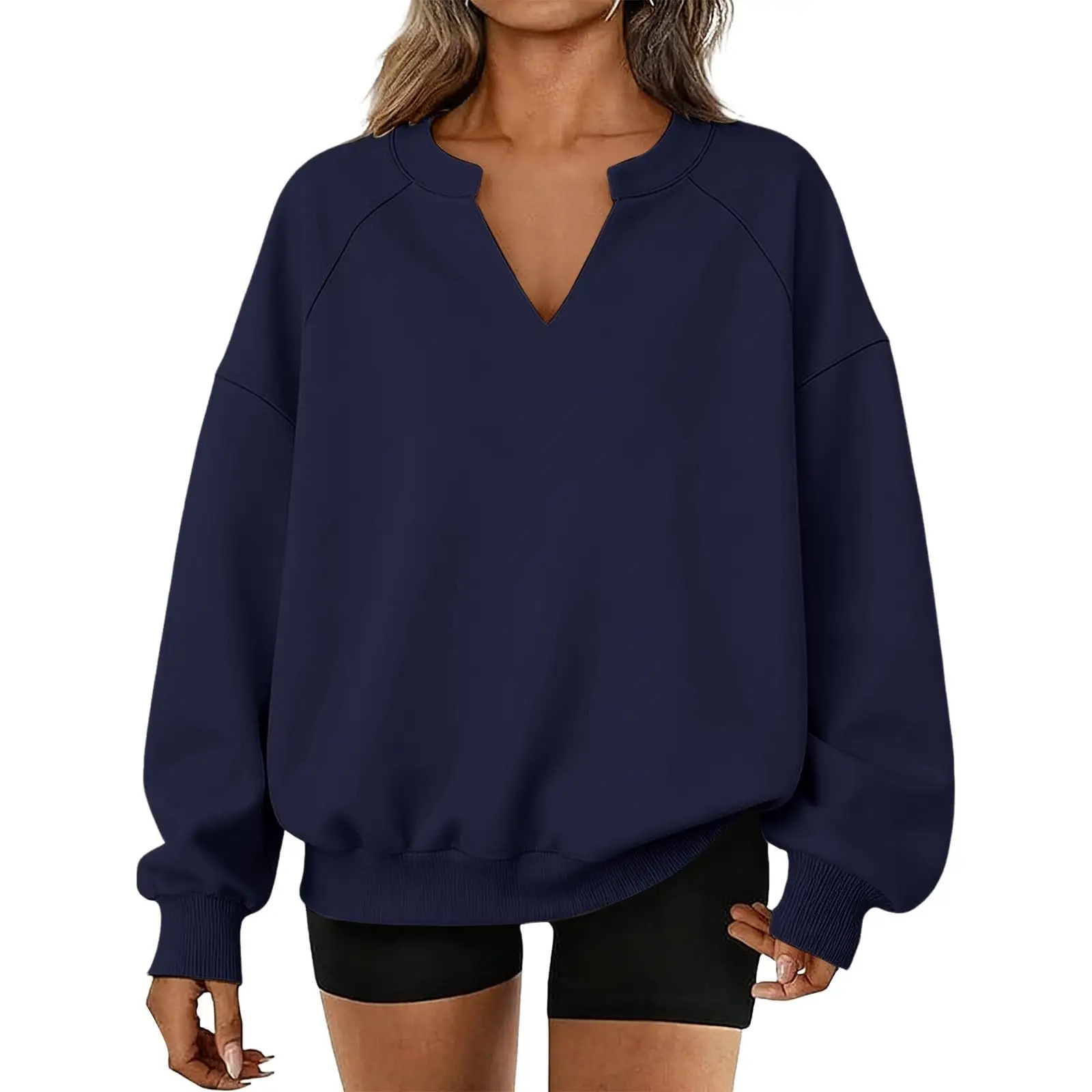 Moda feminina cor sólida com decote em v manga comprida esportes casual pulôver moletom topo topos para mulher roupas de inverno mulher