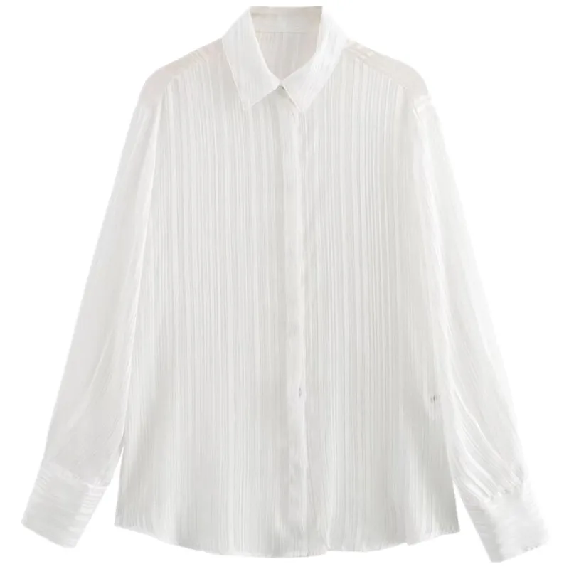 

Summer New Women's White Long Sve Striped irt Loose Fit Classic Sle Faionable Versatile Color Line 2024