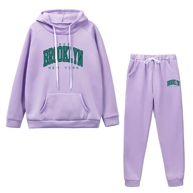 المرأة الخريف الشتاء عارضة الرياضة الركض الدعاوى الأخضر بروكلين أغطية رأس مطبوعة و Sweatpants الفتيات الأزياء الحضرية الملابس الدافئة