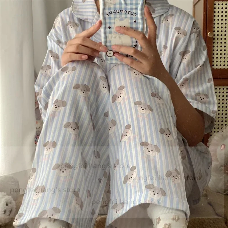 

Short Sleeve Home Clothes Pink Striped Pajamas Set Summer Autumn Loungewear Women Soft Cotton Sleepweawr Kawaii Nightwear