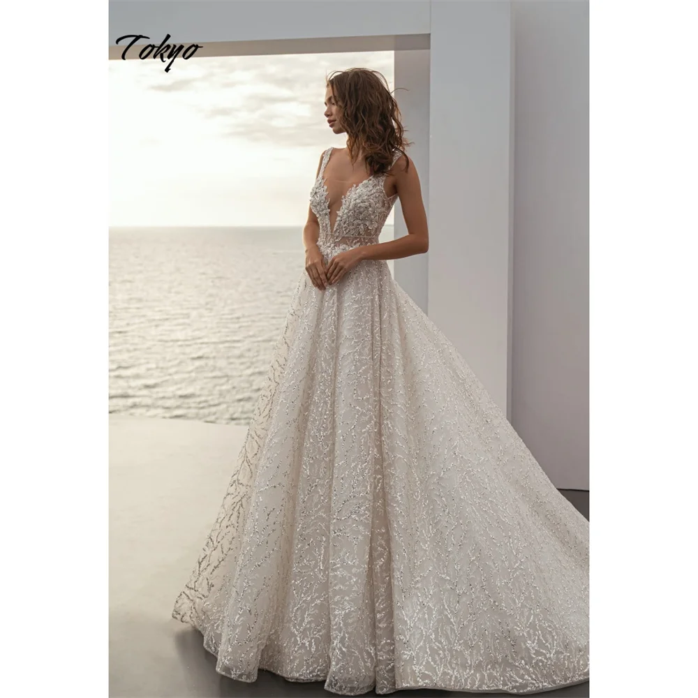 

Белые свадебные платья с V-образным вырезом по индивидуальному заказу, свадебные платья без рукавов и открытой спины со шлейфом, 2025 г., свадебные платья трапециевидной формы из тюля