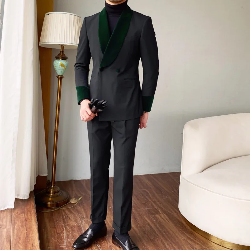 Shawl Collar Formal Dress Velvet Splicing Suit Two Piece Wedding Party Suit Groom Banquet Suit Slim Costume Homme Mariage