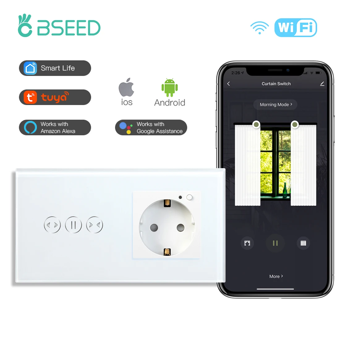 

BSEED Wifi Curtain Switch Smart Touch Wall Switch EU Standard Wifi Socket Touch Screen Switch Smart Life Tuya App