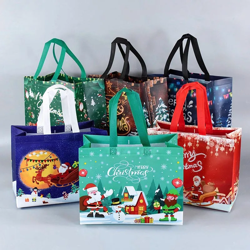 1Pcs Christmas Gift Bag Waterproof Non-Woven Fabric Handle Candy Cookie Snack Packing Storage Bag Christmas Party Favor Supplies