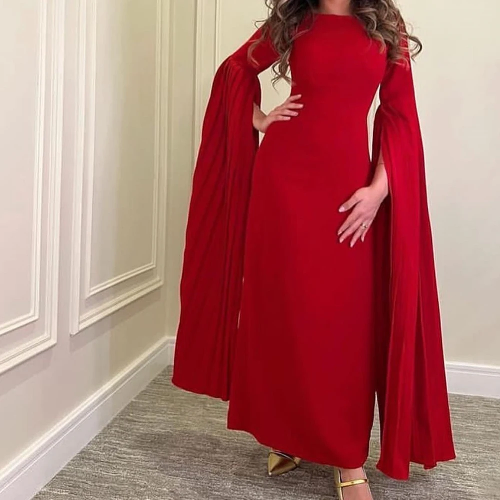 

Crew neck Long Flare Sleeves Ankle Length Straight Jersey Solid Color Evening Dress Bespoke Occasion Gowns For Formal Occasions