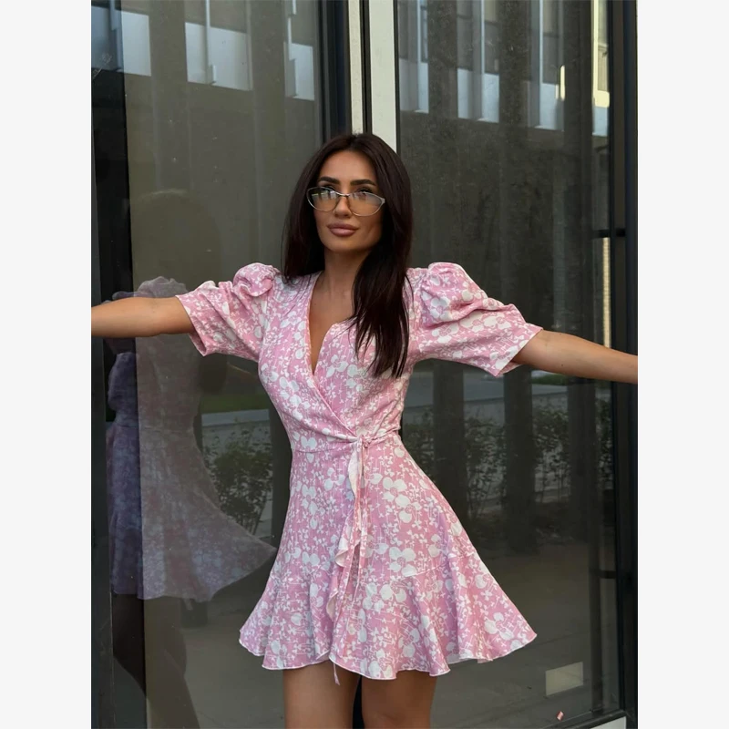 Chic Printed Slim Fit Mini Dress Women Elegant V-neck Puff Short Sleeves Waist Cinching Dresses 2026 Summer Lady Party Robes New