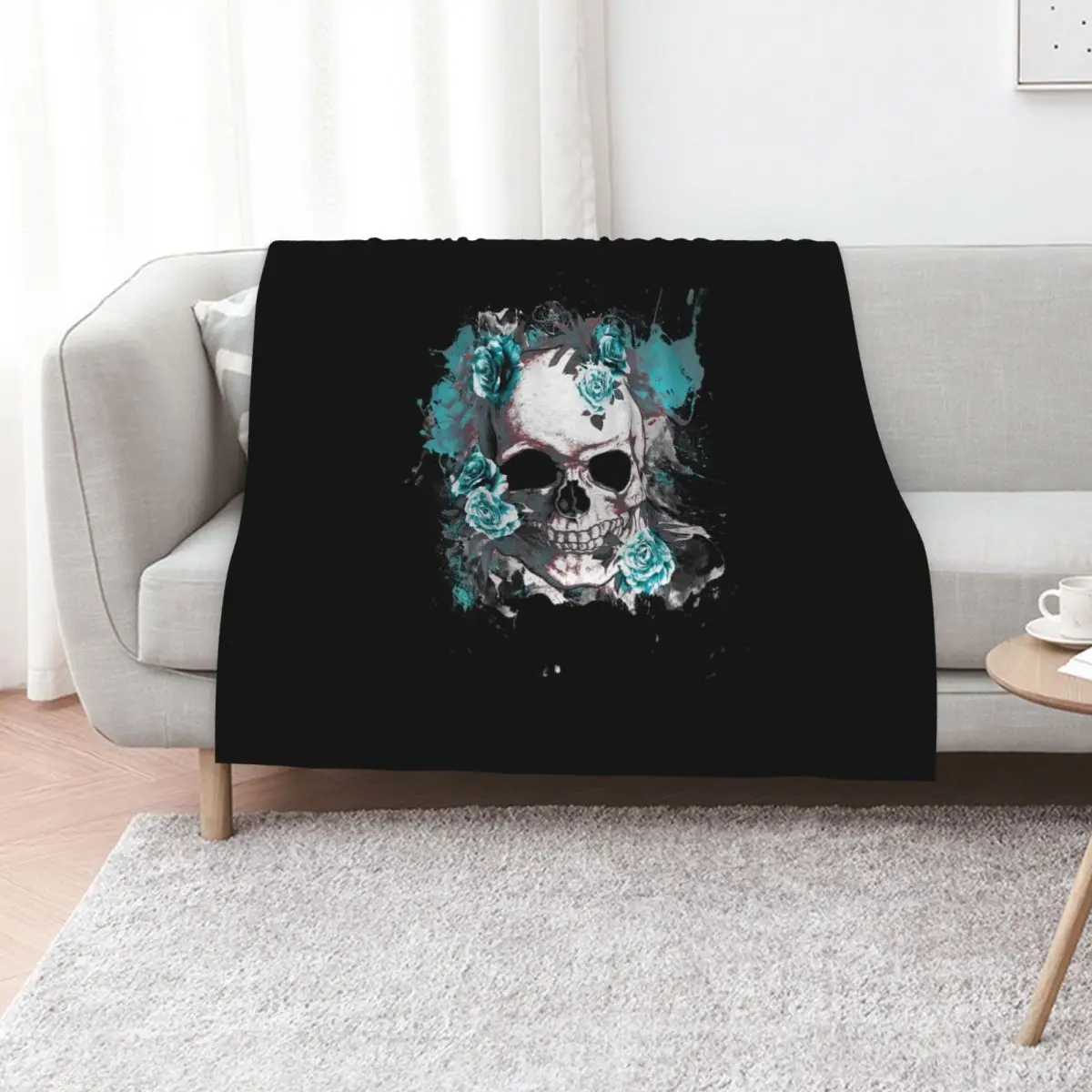 Skull human anatomy floral, turquoise watercolor roses,mask cool, funny,cute Throw Blanket Blankets For Sofas Blankets