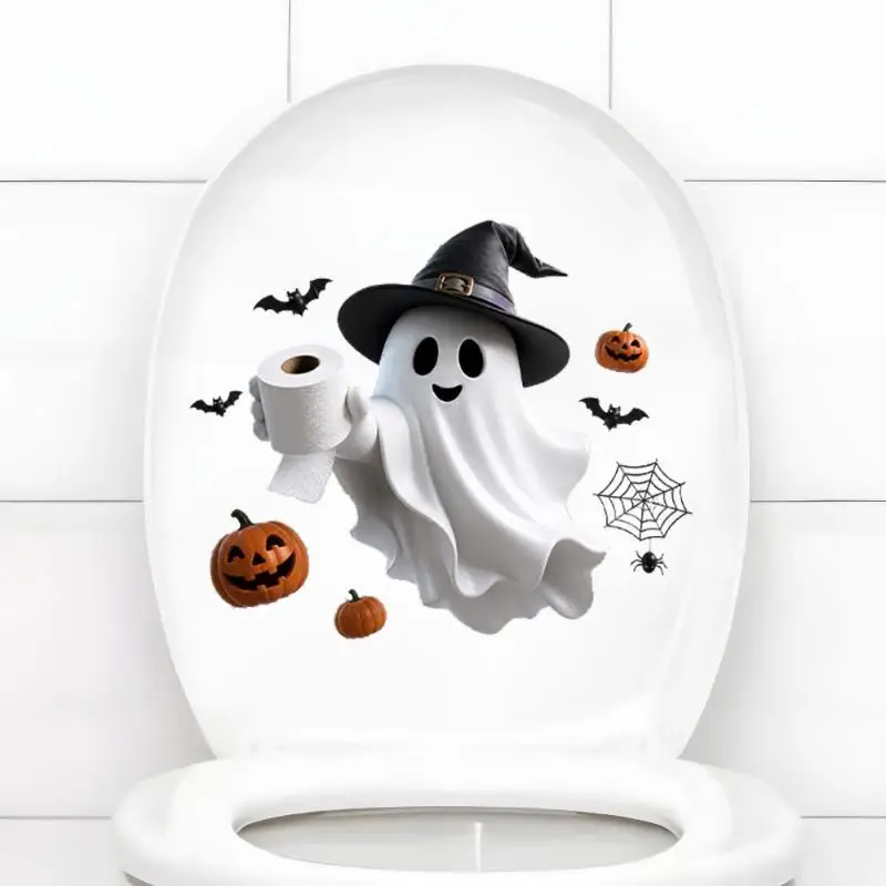 Halloween Toilet Lid Sticker Cute Ghost Spider Pattern Waterproof Removable Decal for Restroom Party Decor
