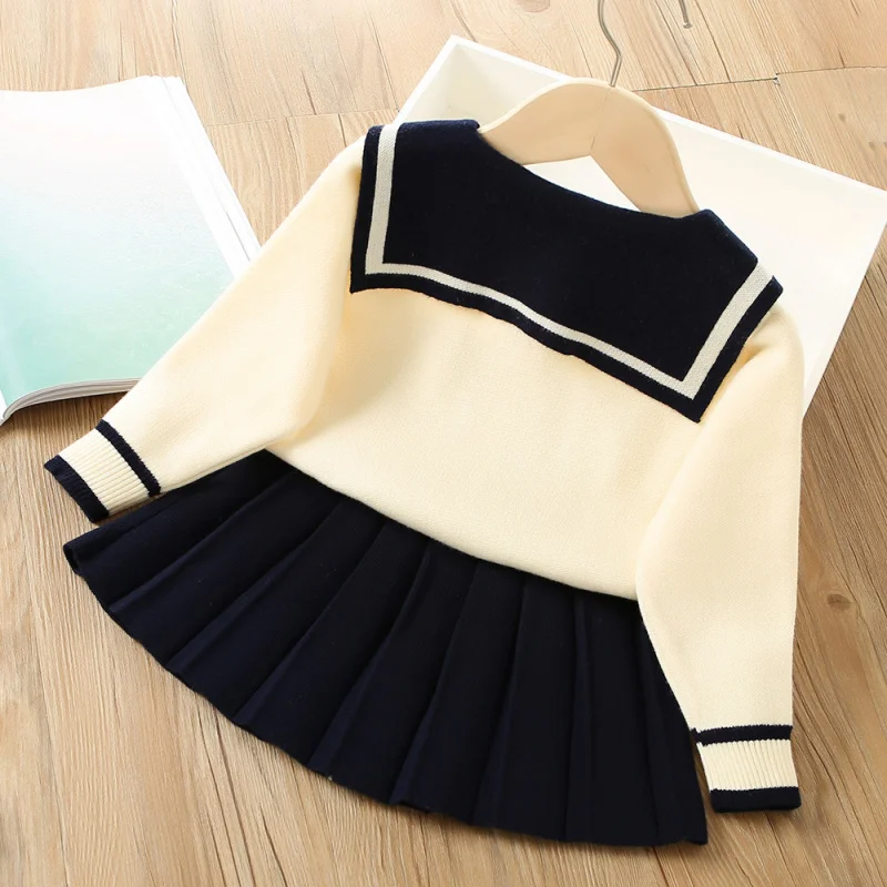 Girls Sweater Set Winter New Fashionable College Style Stylish Pleated Skirt Knitted Cardigan Skirt Set