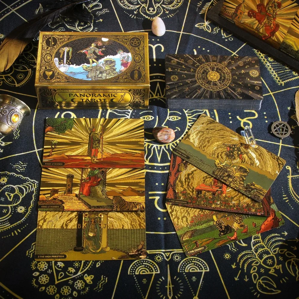 Classic Panoramic Rider Waite 12*7cm 78 Pcs Tarot Cards for Beginners - Waterproof PET Plastic with Gold Foil