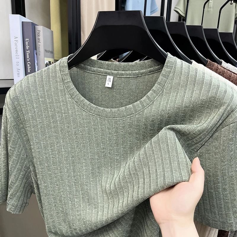 Herren Gestricktes Geripptes Gestreiftes T-Shirt Kurzarm O-Ausschnitt Atmungsaktiver Komfortabler Stoff Sommer Lässig Geschäftlich Tägliche Kleidung – Detail 5