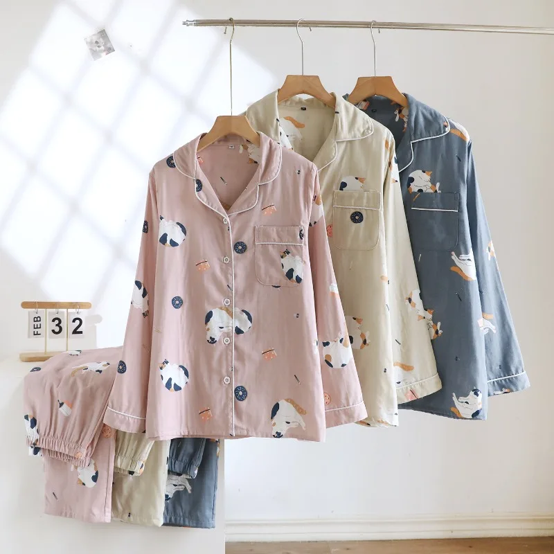 

Весенне-осенний новый пижамный комплект для пар, 100% хлопок, двухслойные марлевые брюки с длинными рукавами, мужская и женская домашняя одежда