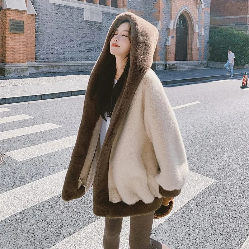 Jacket Women Individuality Faux Fur Coat 2024 New Fashion Fur Coat Casual Hooded Foreign Style Winter Warm Loose Lazy Style