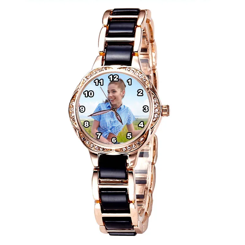 A4401w personalizado com logotipo próprio relógio strass diamante cor dourada relógio personalizado mostrador presente para namorada pulseiras fotográficas femininas