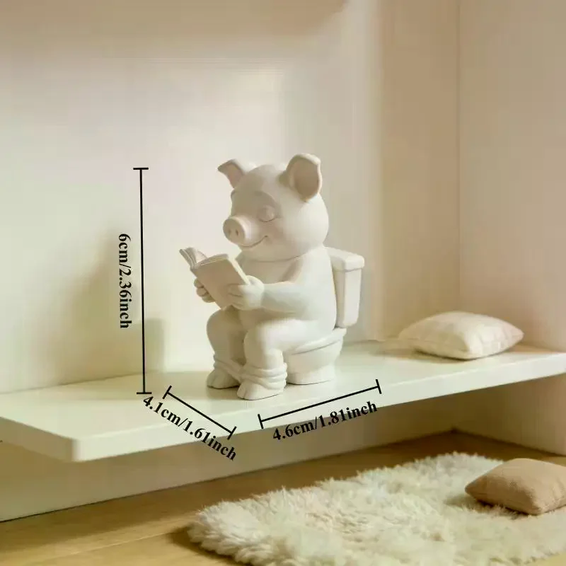 Cute Pig Sitting On Toilet Bathroom Decor Tabletop Or Wall Mounted For Home Office Living Room Display Decor