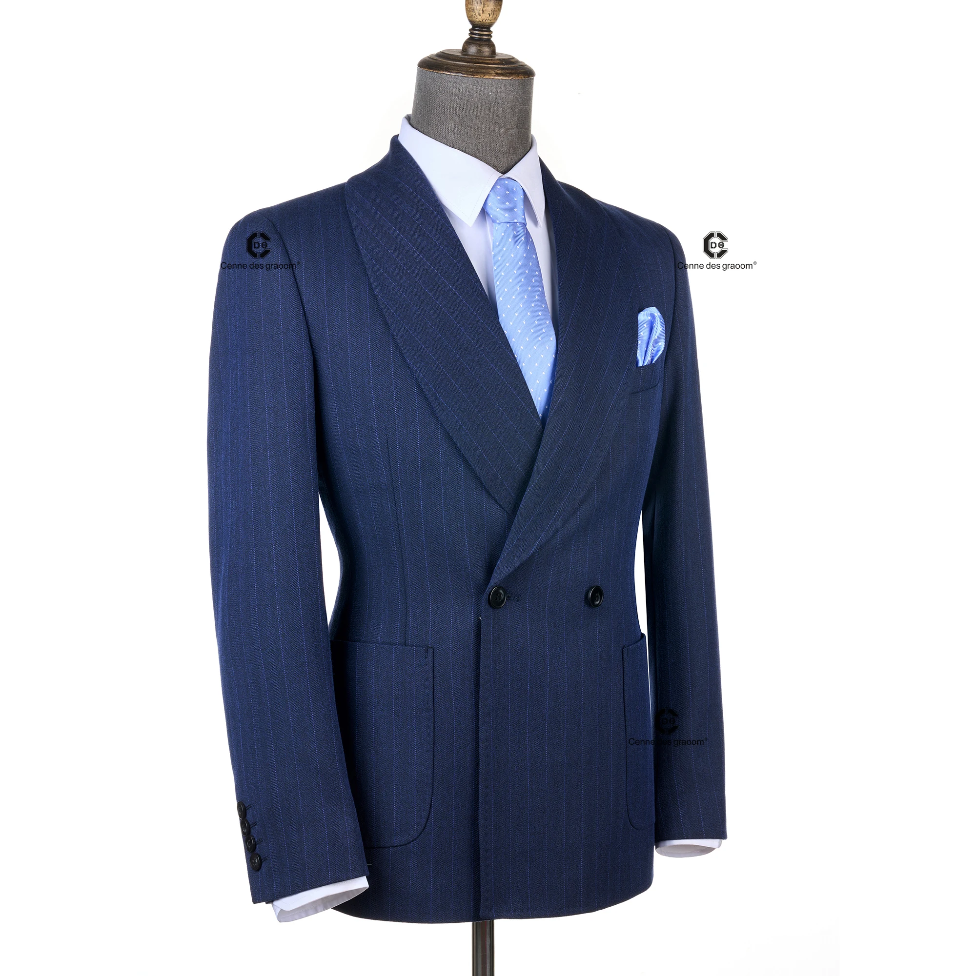 Immagine 4: Cenne Des Graoom 2025 Abiti da uomo doppiopetto a righe blu navy con tasca applicata su misura per riunioni da ufficio, matrimoni