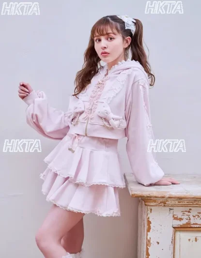 

Japanese Sweet Pearl Lace Hooded Short Cardigan Jacket Hoodie Short Pleated Skirt Two-Piece Set Women New Autumn Liz Clothes
