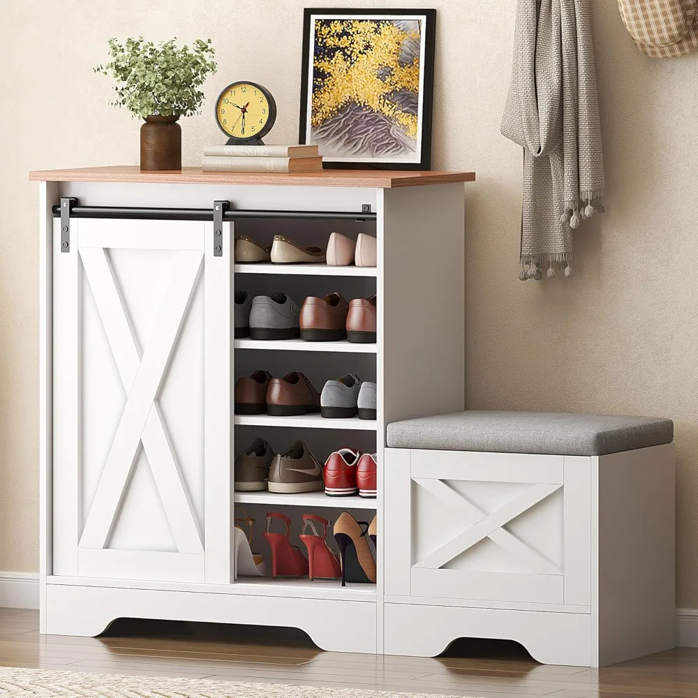 

Storage Cabinet with Shoe Bench, 5 Shelves, Adjustable Shelves; Storage Cabinet with Sliding Doors, White