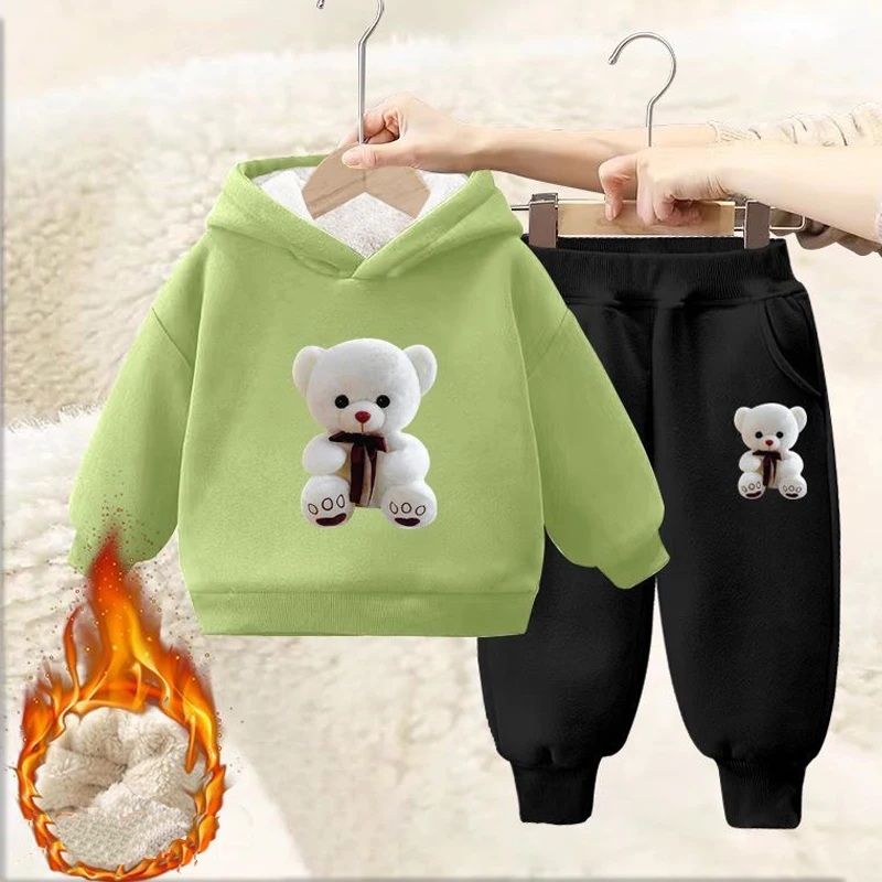 

Boy Girl Autumn and winter plush Sets Clothing Children Pullover Sweatshirts + Simple Solid Cotton Sports Pants 2pc Kids Clothes