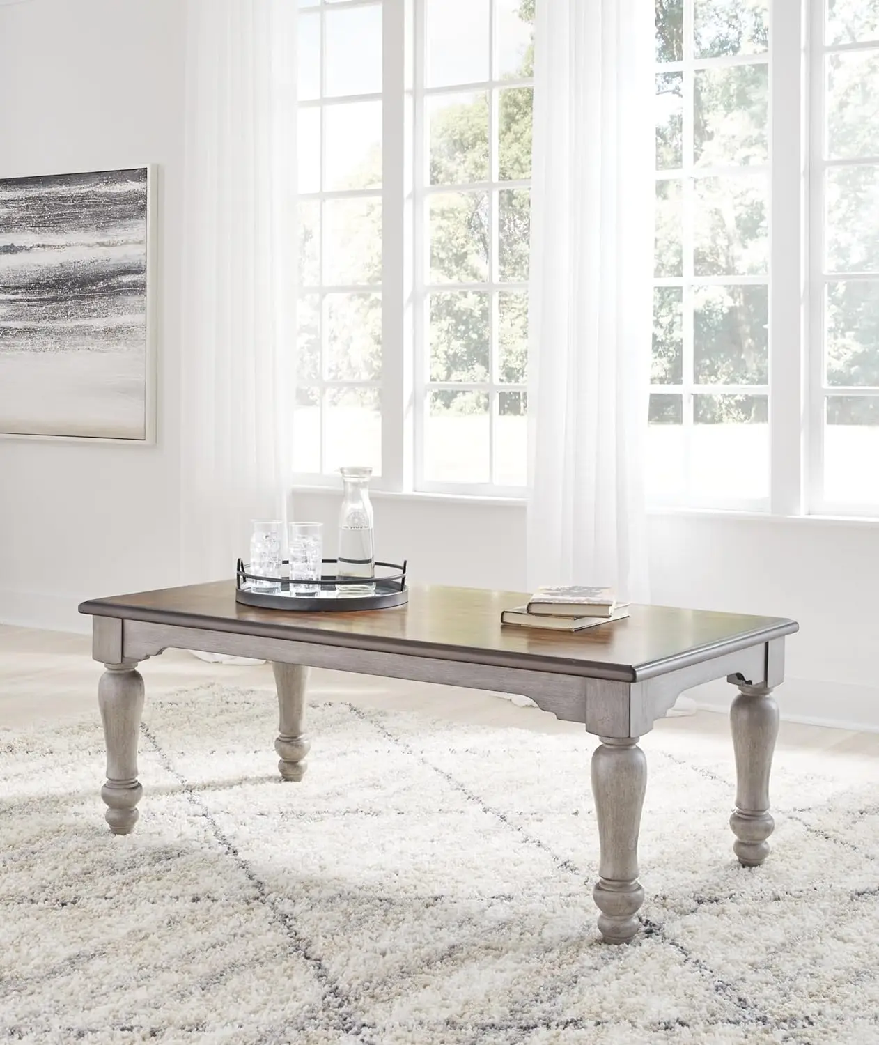 Classic Farmhouse Coffee Table with Turned Legs, Antique Gray & Brown Square Center Table for Living Room