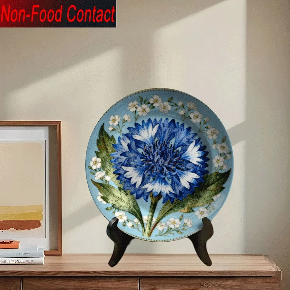 2D Flat, 1pc Ceramic Decorative Plate with Blue Cornflower and White Daisy Design - Non-Food Contact, Perfect for Home, Living