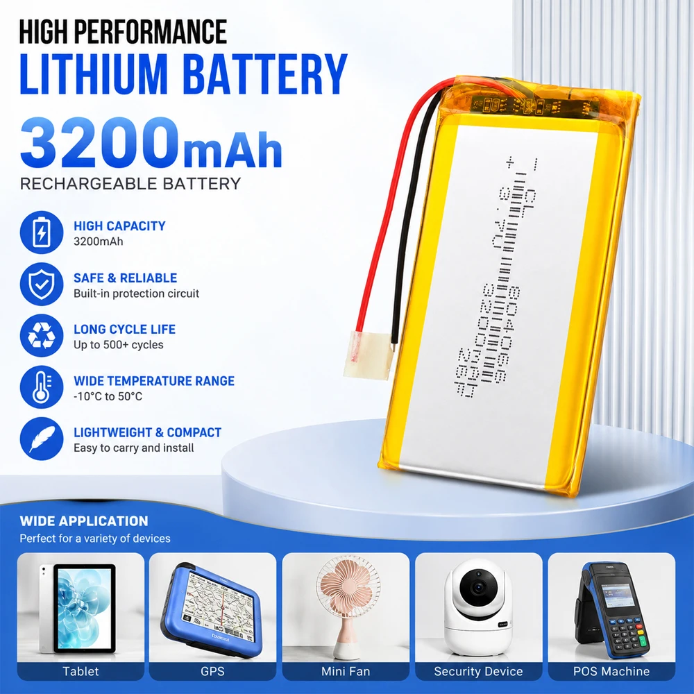 3.7V 3200mAh Li Polymer Battery 804066 Rechargeable Lithium Battery 66x40x8mm with Wire for DIY Electronics GPS Bluetooth Device