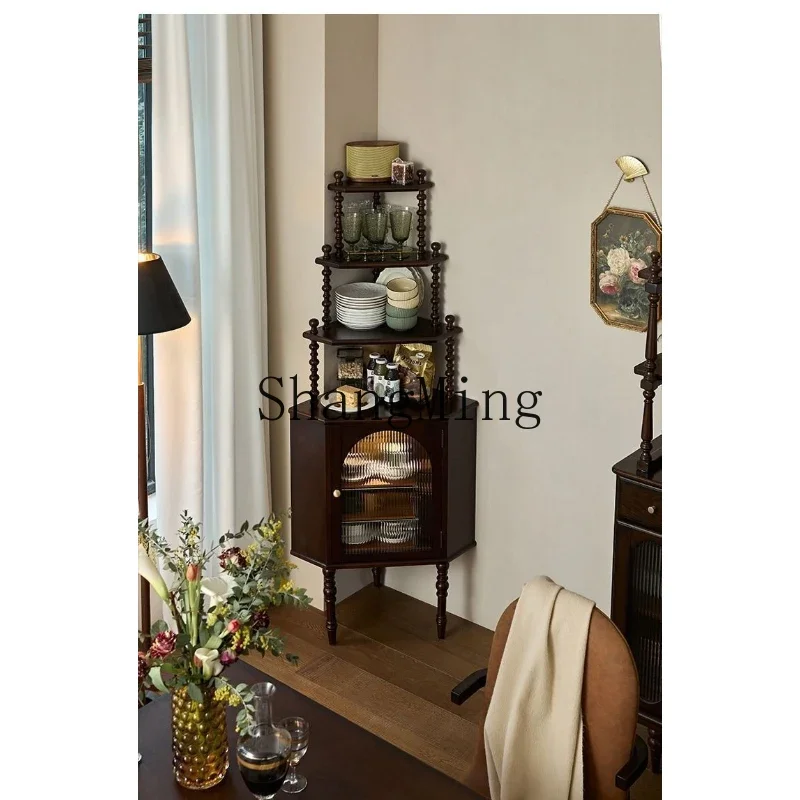 SM retro all-solid wood corner cabinet rack, living room small apartment corner cabinet dim sum rack