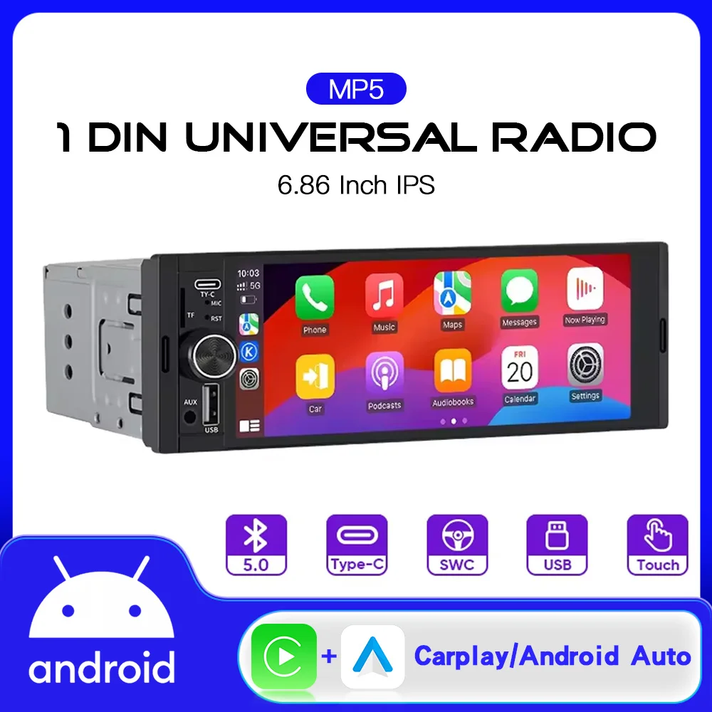 

Универсальная автомобильная магнитола 1 DIN с сенсорным экраном 6,86 дюйма, MP5-плеер, беспроводной Carplay, Android Auto, SWC, FM, USB Type-C