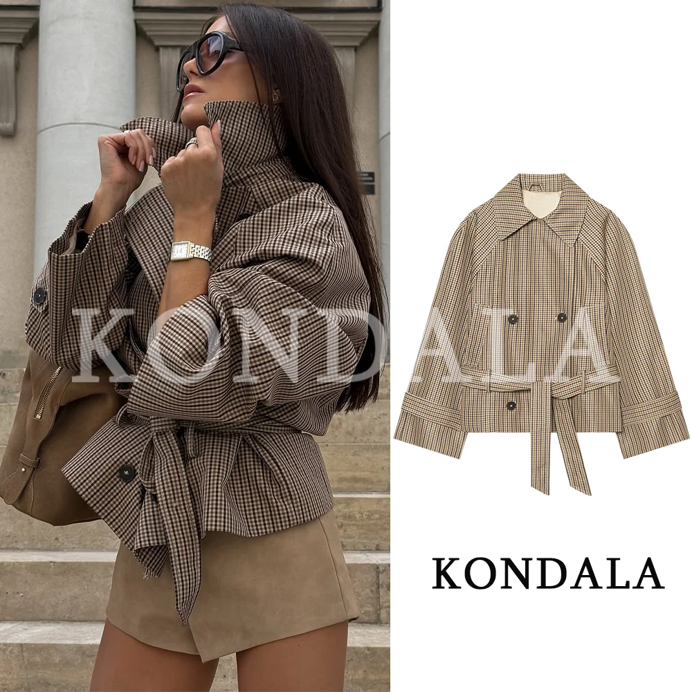 KONDALA Women Classic Elegant Belt Jacket Commute Vintage Double-breasted Short Trench Coat 2026 Fall Trendy High Street Jacket