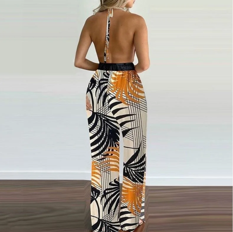 Printed Jumpsuit Straight Tube Pants With Waistband Hanging Neck Backless Sleeveless And Split Sexy Chest Wrap Jumpsuit