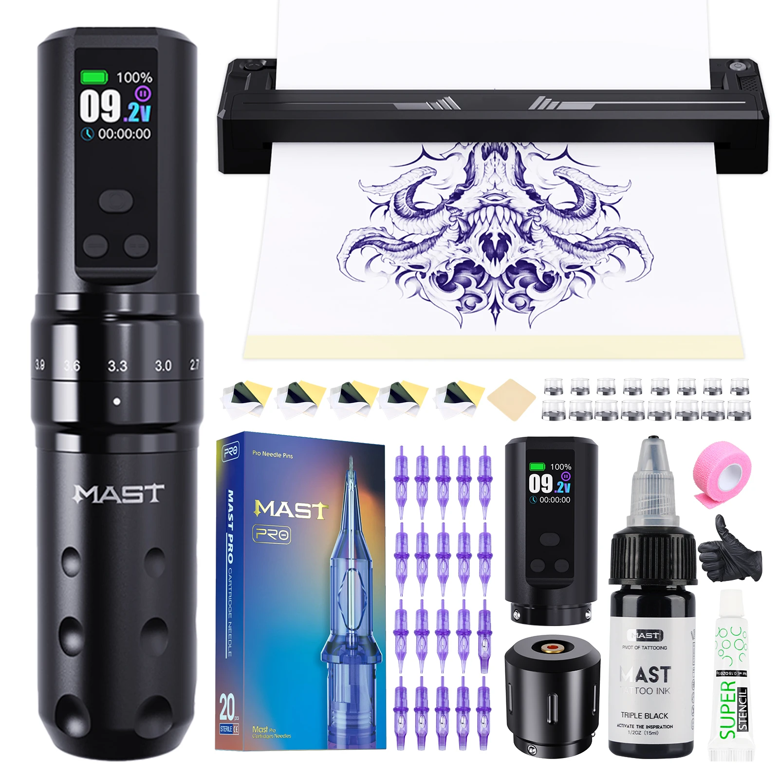 Mast Tattoo Kit Fold2 Pro 7 Strokes Wireless Rotary Pen 2 Pcs 2000mAh Batteries with Tattoo Stencil Printers for Body Artist