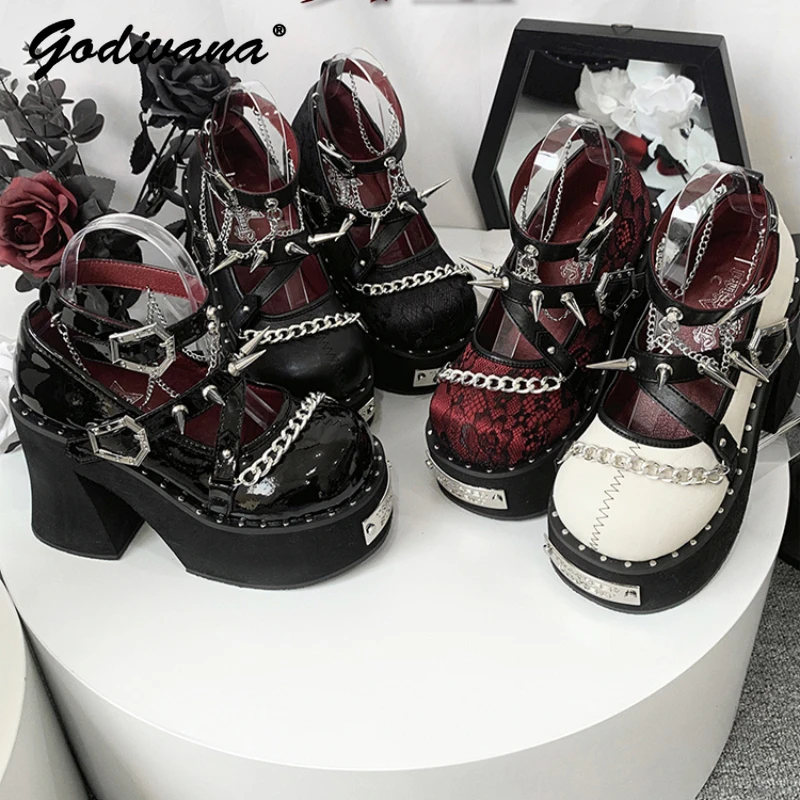 2024 New Spring Punk Sweet Cool Woman's Round Head Thick Bottom Platform Shoes Girls Y2K Rivet Lace High Heels Female Pumps