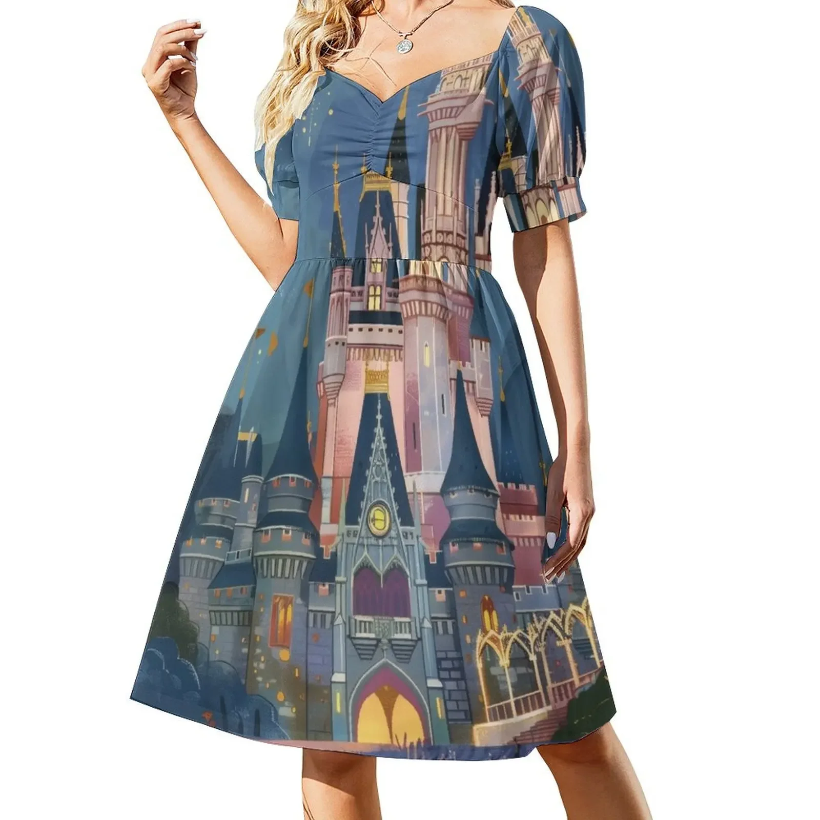 

Castle Illustration Short-Sleeved Dress loose women's dress Evening gown Dress