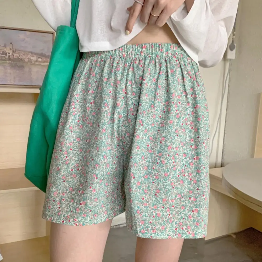 Women Summer Sleeping Shorts High-Waist Elastic Waist Wide Leg Pockets Soft Plaid Floral Print Loose Fit Pajama Shorts Homewear