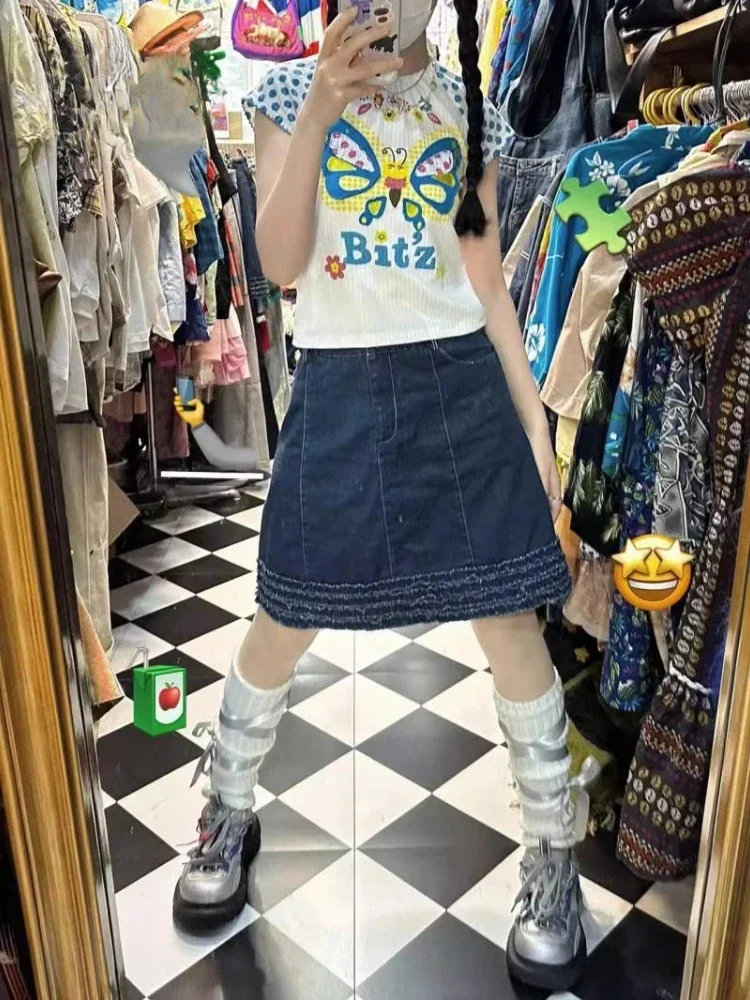 Ropa japonesa de colisión de colores Y2k, camiseta de manga corta Millennium para mujer, Tops cortos ajustados de verano para niñas de chile dulce, Tops cortos finos de nicho