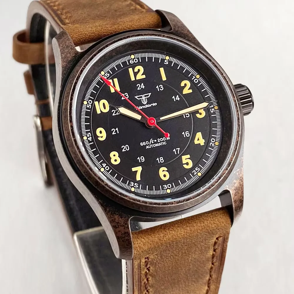 Tandorio 36mm Sapphire Crystal Glass Pilot Retro Mechanical Watch For Miyota 8215/PT5000 Movement 200m Waterproof Diver Watch
