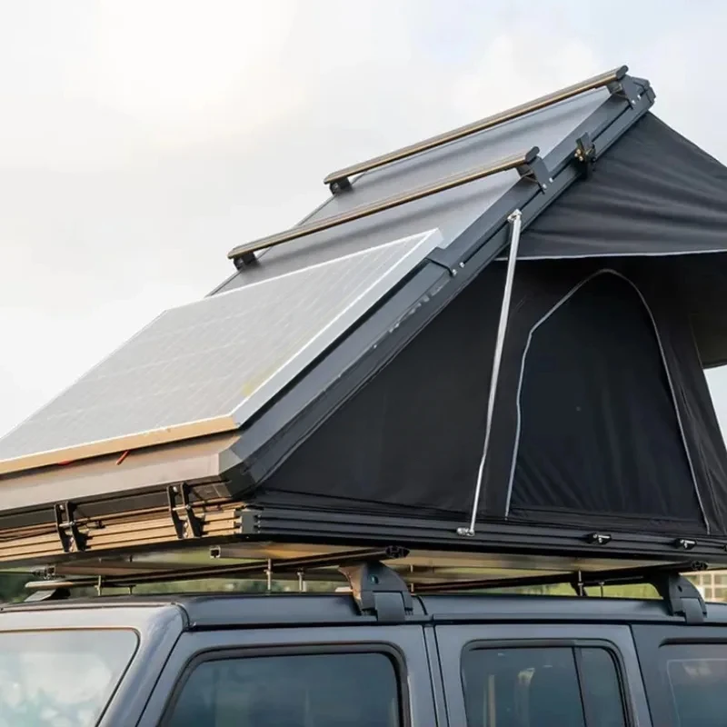 High Quality 3-4 Person Triangle Aluminum Hard Shell Rooftop Tent With Solar Panel Outdoor Camping Gear