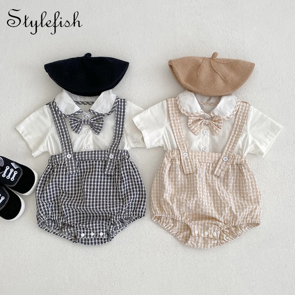 Summer Infant and Child Bodysuit 100% Cotton Versatile Doll Collar Collar Collar Plaid Fake Two Piece Triangle Romper Creeper