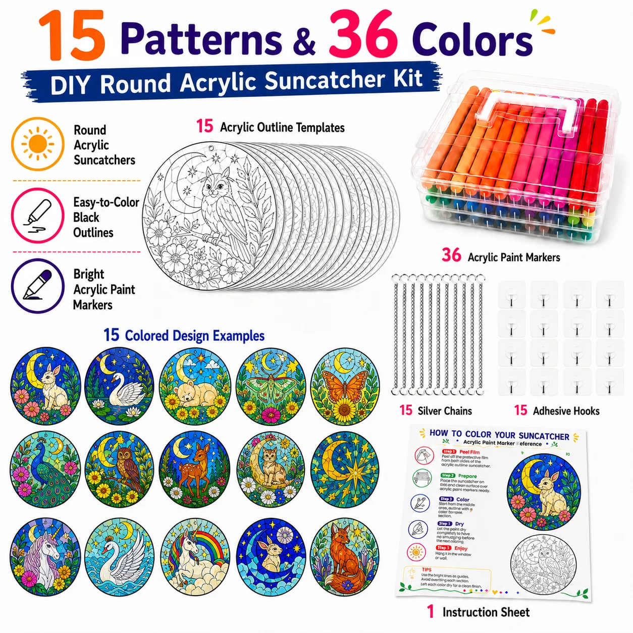 15Pcs DIY Acrylic Suncatcher Craft Kit with 36 Colors Paint Markers, Round Stained Glass Painting Set for Window Wall Garden Hom