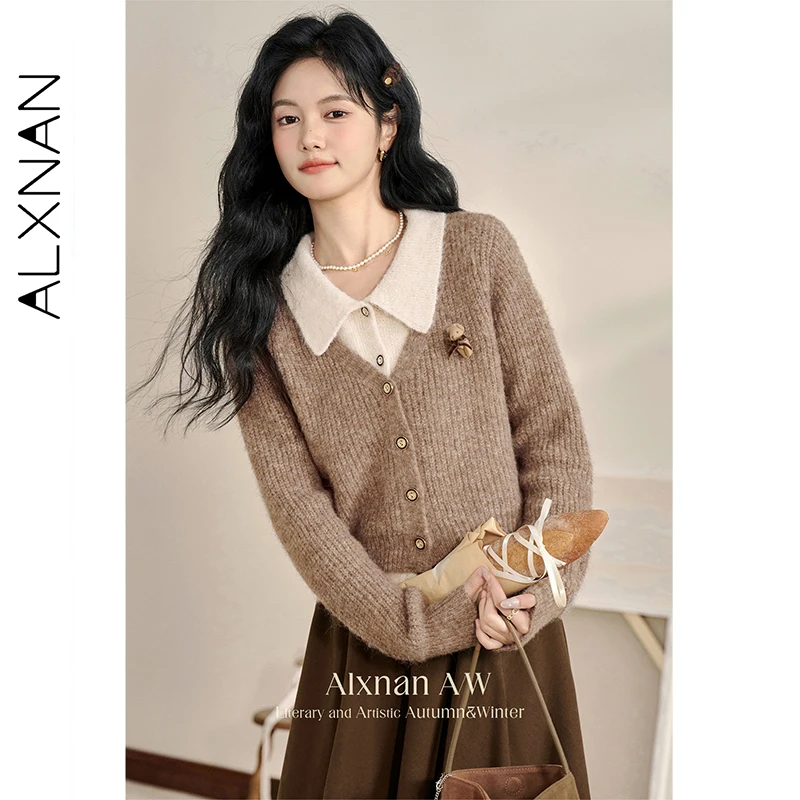 

ALXNAN Women's Cardigan False Two-piece Design Regular Shoulder Button Placket Sweaters Soft Gentle Jumpers Female L51016
