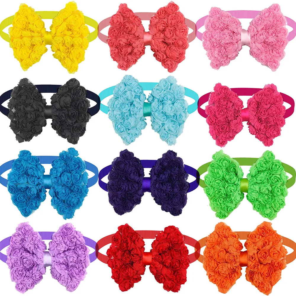 30pcs Valentine\'s Day Large Dog Bow Tie Pet Dog Grooming Product Chiffon Rose Style Dog Necktie Pet Supplies Dog Accessories