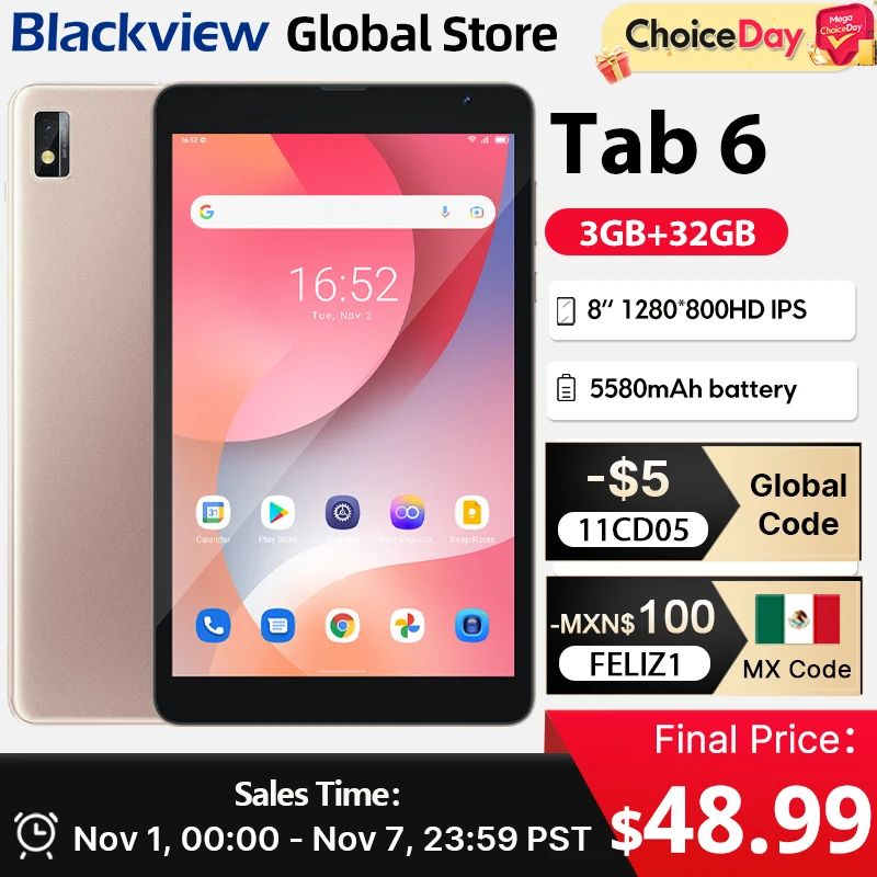 

Blackview Tab 6 Tablet 8'' HD Display Unisoc T310 3GB 32GB 3G 3.5mm jack 5580mAh Battery WiFi 5MP Camera Android 11 Pad PC