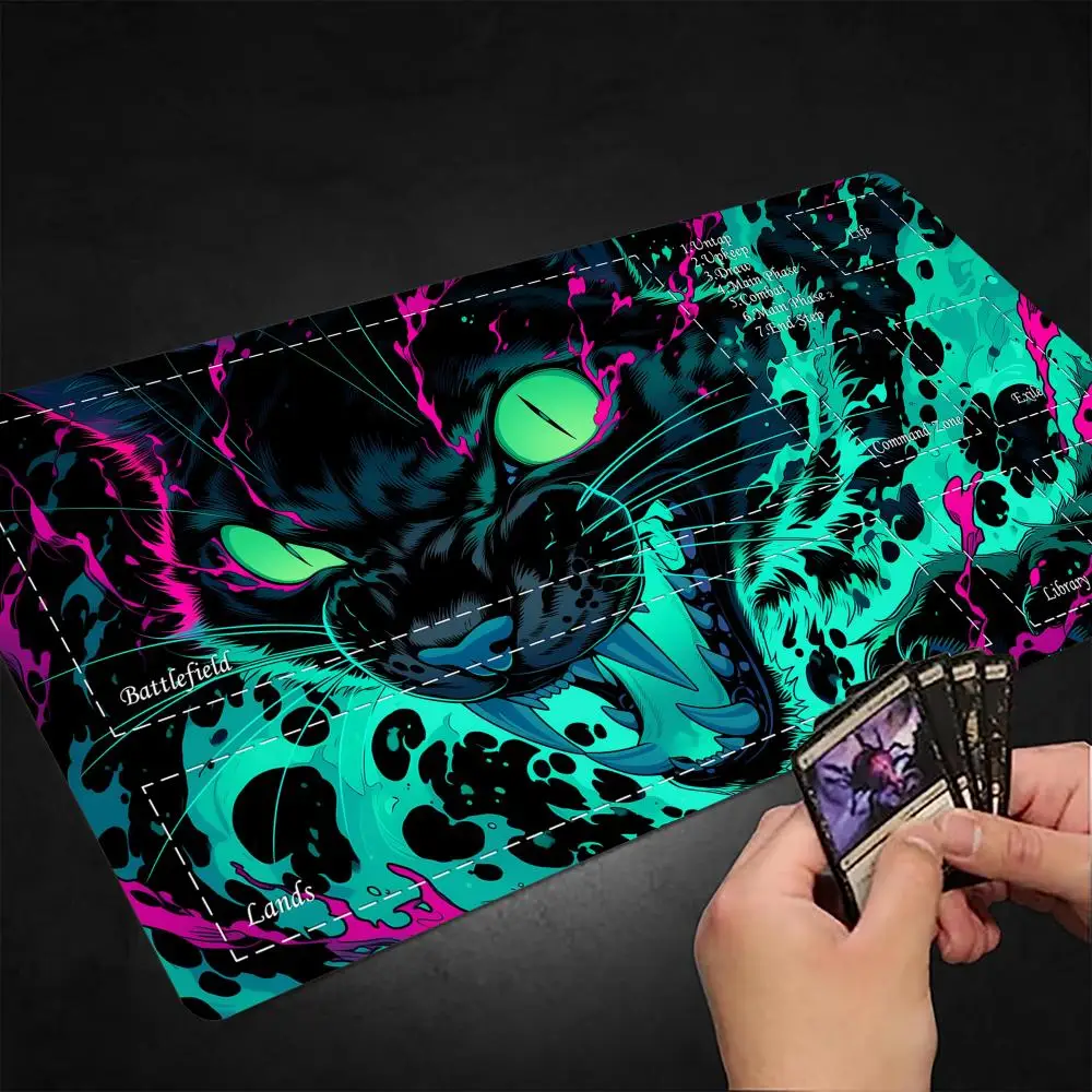 

Neon-style fierce black cat MTG Playmat Magic Card Mat Stitched Edge Non-Slip Durable Tabletop playmat Board Game Mat for TCG