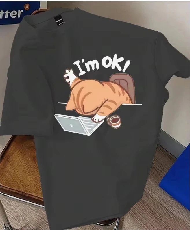 

2025 Men's Summer Letters and Cartoon Graphics Round Neck Short-sleeved Casual Pure Cotton Printing Men's and Women's Same Style