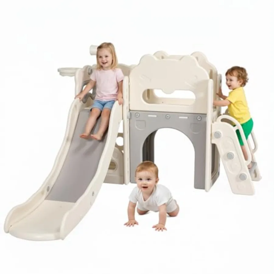 

Игровой комплекс 8 в 1 для малышей: горка для дома и улицы, баскетбольное кольцо, телескоп и место для хранения, игровая площадка-лазалка