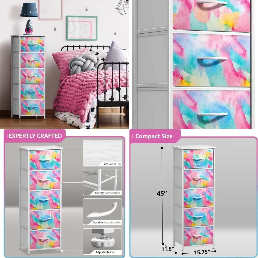 

5-Drawer Kids Dresser with Steel Frame, Wooden Top, and Tie-Dye Bins for Bedroom, Hallway, Nursery, and Apartments