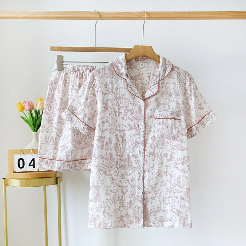 2024 New Women's Pajama Set All Cotton Double Layer Gauze Ladies Super Breathable Short Sleeve Shorts Two Piece Home Suit