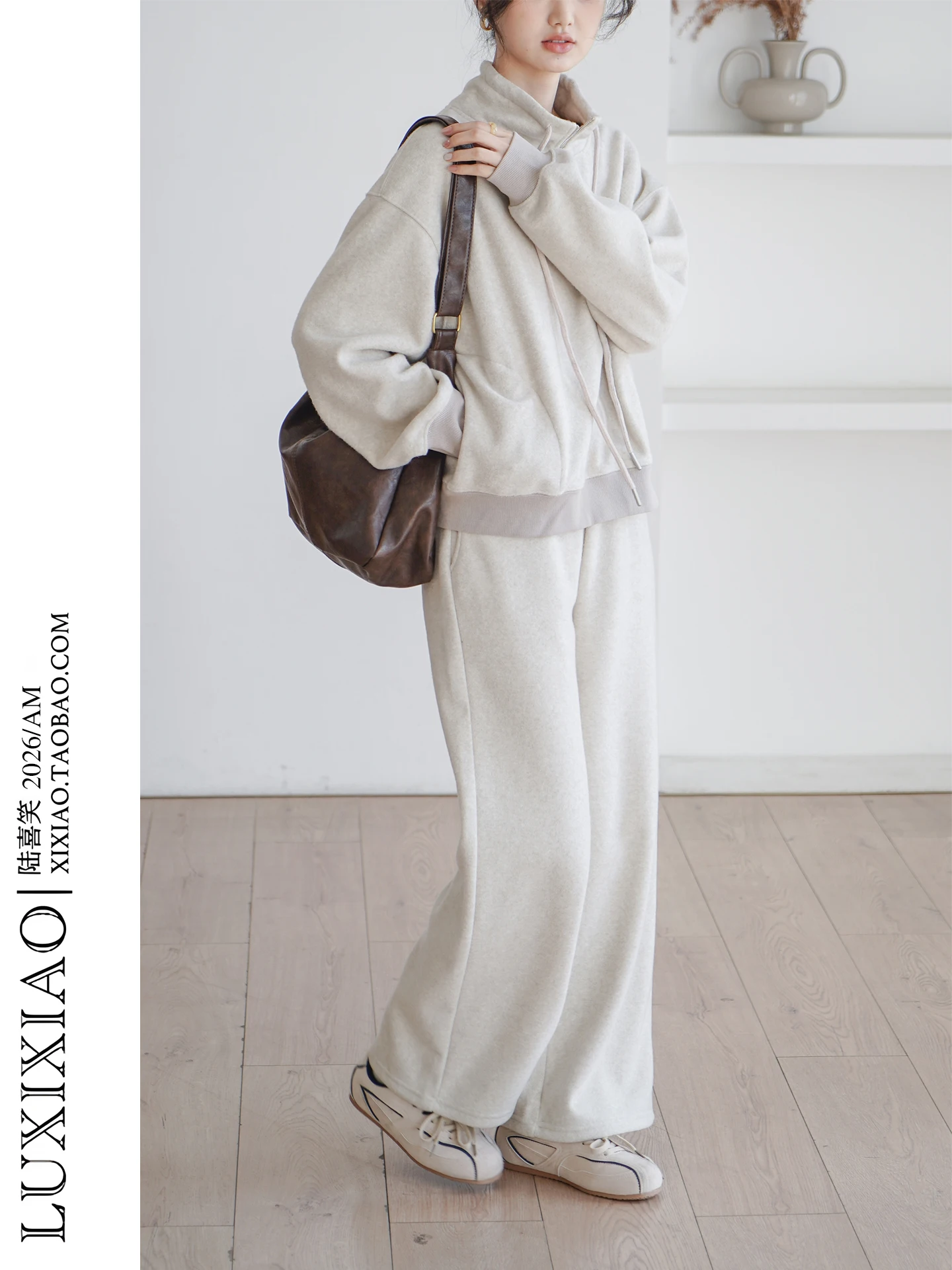 

Женский комплект LUXIXIAO: новая корейская толстовка на молнии с воротником и брюки с высокой талией, осень-зима, повседневный стиль