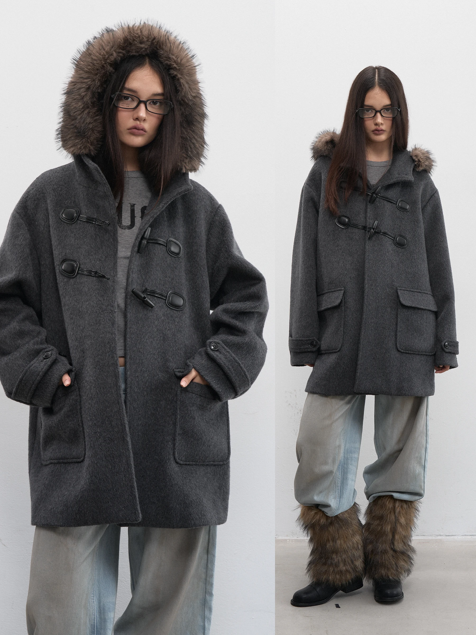 

Sweet Letter Korean Sle ey Wool Double-Faced Tweed Coat with Detachable Fur Collar Loose Long Jaet Women's Coat