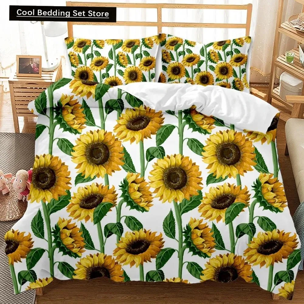 Sunflower Duvet Cover Set Girly Yellow Floral Print Twin Comforter Cover Women Blossom Flowers Polyester Bedding Set King Size